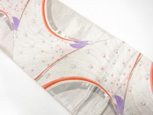 アンティーク　プラチナ箔二重織　流水に孔雀模様織り出し袋帯（着用可）